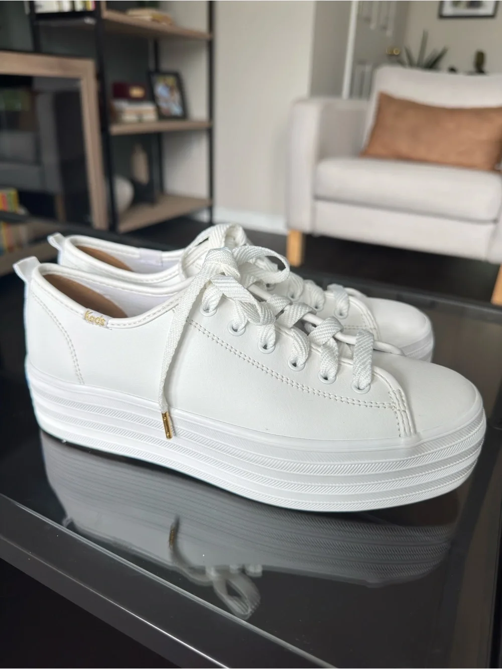 Keds White Platform Lace-Up Sneakers with Gold Eyelet Detail